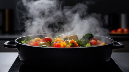 A beautifully arranged modern Japanese hotpot featuring an assortment of vibrant vegetables, steam rising, creating an inviting culinary ambiance. Perfect for food enthusiasts!の素材
