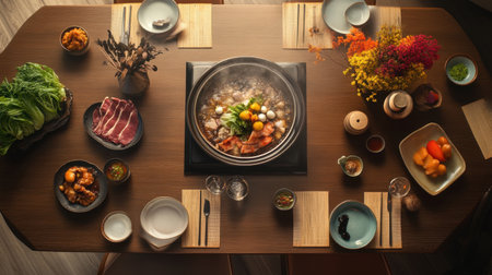 A contemporary dining table beautifully arranged for a Shabu Shabu meal. Experience the inviting atmosphere filled with vibrant ingredients and elegant presentation. Perfect for gatherings!の素材