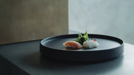 This image features a minimalist sushi arrangement on a sleek black ceramic plate, highlighting fresh ingredients and artistic presentation for gourmet dining.の素材