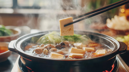 A steaming hotpot filled with fresh ingredients like tofu and vegetables. Perfect for a cozy dining experience with friends or family, showcasing vibrant colors and aromatic steam.の素材