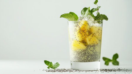 Enjoy a refreshing pineapple smoothie served in a clear cup. This vibrant drink features chia seeds, mint, and ice for a healthy and delicious treat. Perfect for summer!の素材