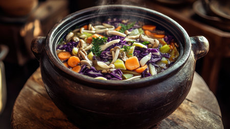 A vibrant traditional clay pot filled with a colorful mix of fresh vegetables, steaming with aromatic flavors, perfect for showcasing rustic culinary delights.の素材