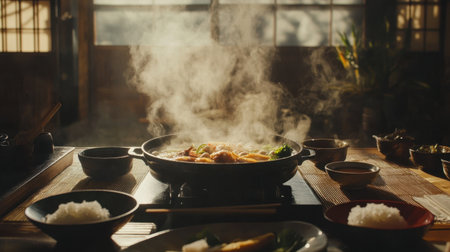 Experience the warmth of a steaming hotpot filled with fresh ingredients, creating a cozy dining atmosphere perfect for gathering and enjoying delicious meals.の素材