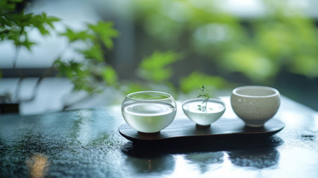 Experience the elegance of green tea presentation, a perfect blend of culture and relaxation, enhancing any dining and sake experience in a tranquil setting.の素材