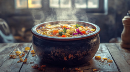 A traditional clay pot filled with vibrant, colorful ingredients, steaming to create a cozy and inviting atmosphere perfect for any culinary setting.の素材