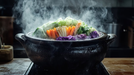 A traditional clay pot filled with vibrant, colorful vegetables, steaming and exuding warmth. Perfect for showcasing healthy, rustic home cooking.の素材