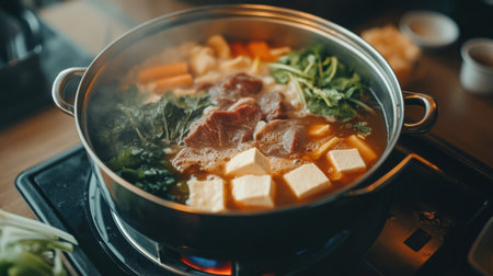 Experience the warmth of a traditional Japanese hotpot featuring tender slices of beef, fresh vegetables, and soft tofu simmering in a flavorful broth. Perfect for sharing!の素材