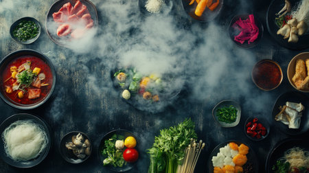 A captivating top-down view of a Shabu Shabu dining experience, showcasing an array of fresh ingredients and vibrant colors, perfect for culinary enthusiasts.の素材