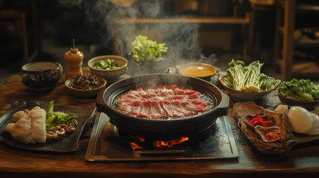 Experience a traditional Shabu-Shabu cooking setup featuring fresh ingredients, steaming broth, and an inviting atmosphere for a delightful dining experience.の素材