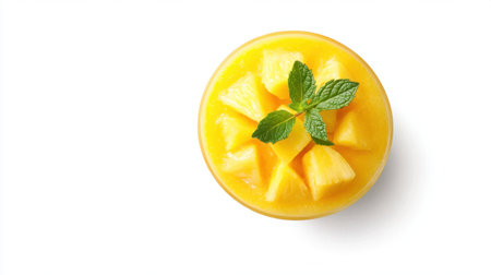 A vibrant yellow tropical smoothie featuring fresh pineapple and a mint garnish, perfect for a refreshing drink or a healthy treat. Ideal for summer.の素材