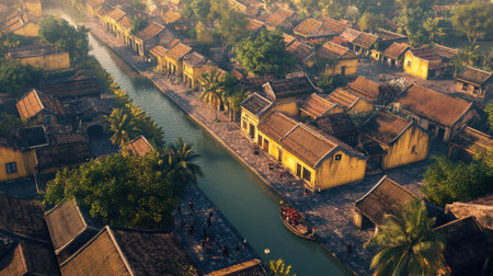 Stunning aerial view of Hoi An ancient town at sunrise, featuring serene river, vibrant houses, and lush greenery, capturing the town's unique charm and history.の素材