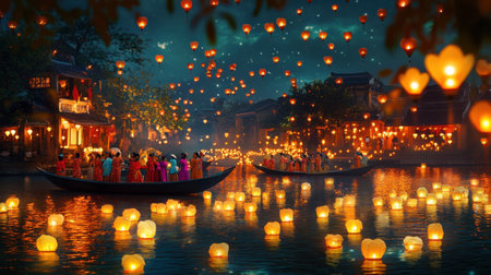 Experience a vibrant evening at a lantern festival in Hoi An, where colorful lanterns float serenely on water, illuminating the night sky and celebrating local culture.の素材
