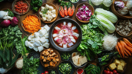 A vibrant spread of fresh ingredients perfect for a hot pot meal. This colorful arrangement features seafood, vegetables, and aromatic herbs, showcasing culinary delights for any dining experience.の素材
