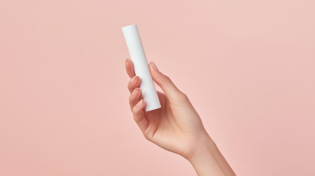 A close-up image of a woman's hand elegantly holding a white cosmetic tube against a soft pink background, ideal for beauty and skincare themes.の素材