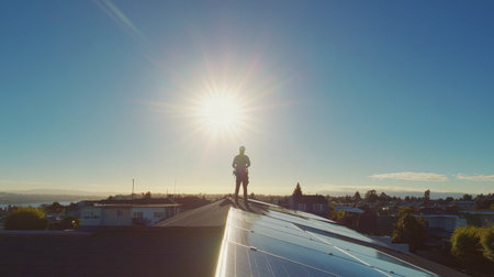 A technician stands on a rooftop during installation of solar panels, showcasing renewable energy solutions under a vibrant sunlit sky.の素材