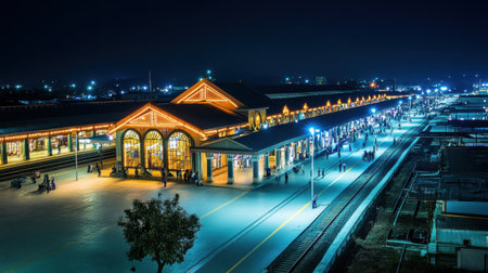 A stunning view of an illuminated railway station in Laos at night, showcasing vibrant lights and architectural beauty, capturing the essence of travel and local culture.の素材