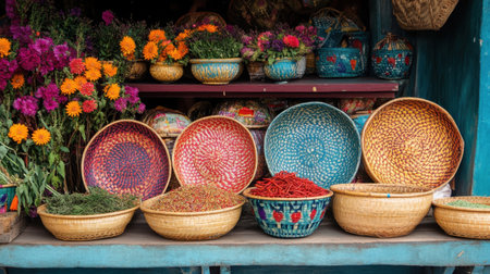 Explore a vibrant market scene showcasing colorful baskets filled with fresh produce and blooming flowers, reflecting the essence of local culture and agriculture.の素材