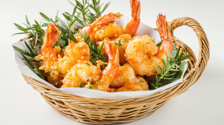This image features crispy shrimp beautifully arranged in a basket with fresh herbs, perfect for appetizers or sharing at a gathering. Ideal for food-related themes.の素材