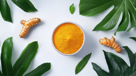 A bowl of vibrant yellow turmeric powder surrounded by fresh green leaves. Ideal for culinary or wellness themes, showcasing natural ingredients and freshness.の素材