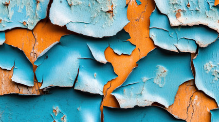 Discover a stunning close-up of a weathered surface showcasing vibrant blue and orange paint in various layers. Perfect for artistic backgrounds.の素材