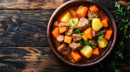 A hearty beef stew filled with tender chunks of beef and vibrant vegetables. This comforting dish is perfect for a warm, nourishing meal on a chilly day.の素材