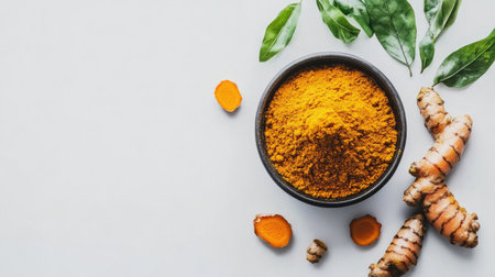 A vibrant bowl of golden turmeric powder surrounded by fresh turmeric roots and green leaves, showcasing its rich color and natural essence for culinary uses.の素材