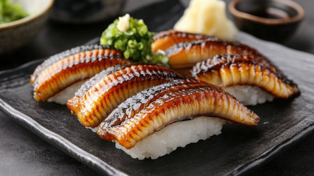 Experience a delightful platter of unagi eel nigiri sushi, showcasing rich flavors and beautiful presentation. Perfect for sushi lovers and gourmet cuisine enthusiasts.の素材
