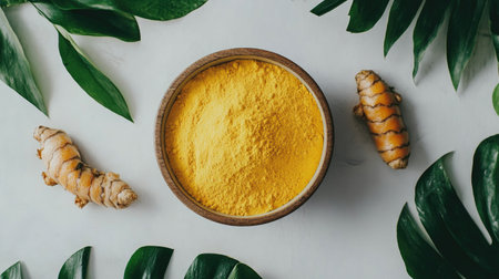 A wooden bowl filled with vibrant yellow turmeric powder surrounded by fresh turmeric roots and green leaves, perfect for showcasing natural ingredients.の素材