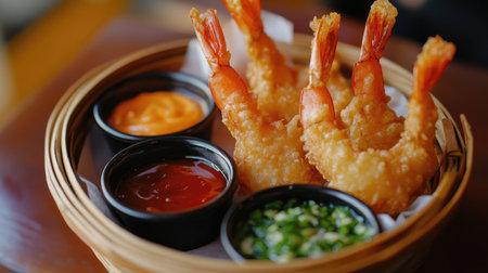 Enjoy a delightful serving of crispy shrimp tempura in a woven basket, complemented by rich dipping sauces. Perfect for appetizers or sharing.の素材