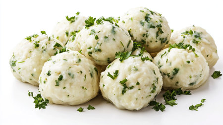 A detailed close-up shot of fluffy cooked dumplings garnished with fresh herbs. Perfect for showcasing a delicious and appetizing meal or appetizer.の素材