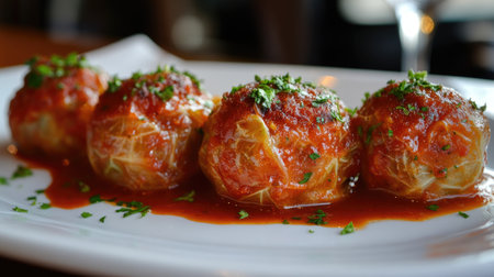 A close-up view of delicious stuffed cabbage rolls topped with rich tomato sauce and garnished with fresh herbs, perfect for any meal or gathering.の素材