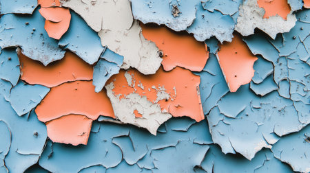 This close-up image captures a weathered surface with peeling paint in vibrant blue and orange hues, showcasing an artistic, textured backdrop ideal for creative projects.の素材
