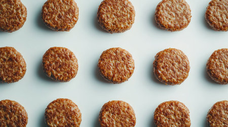 A top-down view of uncooked high-quality burger patties arranged evenly. Perfect for culinary themes, food preparation, or stock images.の素材