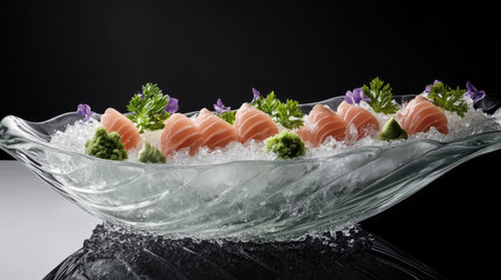 This elegant display features hamachi sashimi artfully arranged on ice, complemented by fresh herbs and vibrant garnishes for an exquisite dining experience.の素材