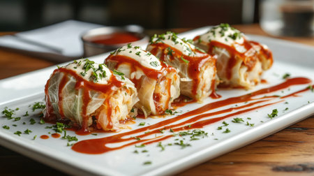 A close-up view of delicious stuffed cabbage rolls drizzled with sauce, garnished with herbs, served on a white plate, perfect for showcasing culinary art and flavors.の素材
