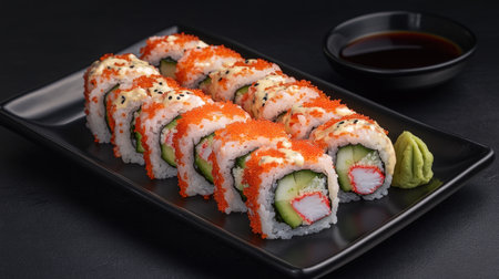 Enjoy a tempting view of California rolls beautifully arranged on a black plate, accompanied by wasabi and soy sauce, perfect for sushi lovers.の素材