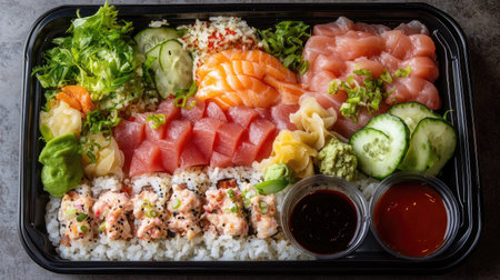 A vibrant seafood chirashi sushi platter featuring an assortment of fresh sashimi, sushi rice, and colorful vegetables, perfect for any meal occasion.の素材