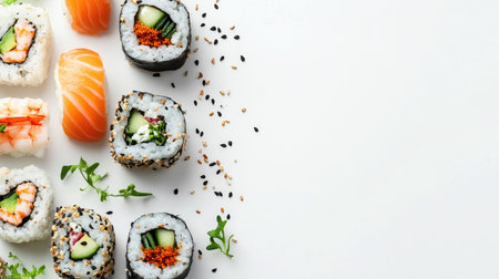 A stunning top view of a delicious sushi platter showcasing a variety of rolls and fresh seafood. Perfect for highlighting culinary creativity and flavor.の素材