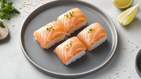 A beautifully arranged minimalist presentation of salmon sushi on a gray plate, highlighting the fresh ingredients and vibrant colors, perfect for gourmet dining.の素材