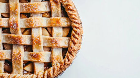 This close-up image showcases a freshly baked apple pie, featuring a golden, flaky crust with a beautiful lattice pattern. Perfect for food lovers.の素材