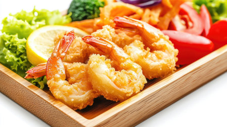 Enjoy a close-up view of crispy deep fried shrimp served on a wooden plate with fresh garnishes. Perfect for seafood lovers and culinary enthusiasts.の素材
