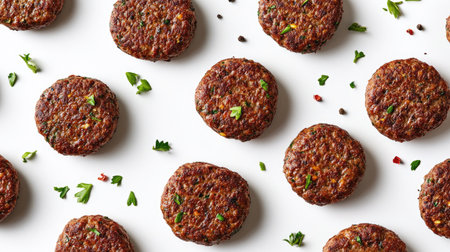 A visually appealing arrangement of burger patties garnished with parsley and spices, perfect for culinary presentations or food-related projects.の素材