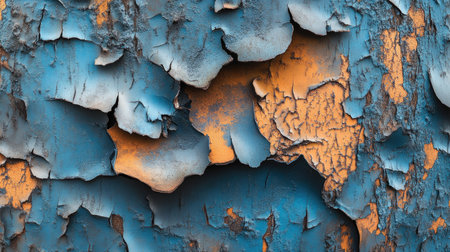 Close-up of a weathered surface showcasing vibrant blue and orange peeling paint, ideal for backgrounds or artistic projects.の素材