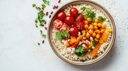 This vibrant close-up features a bowl of fluffy couscous topped with fresh vegetables, including cherry tomatoes and carrots, garnished with herbs. Perfect for healthy meal options!の素材