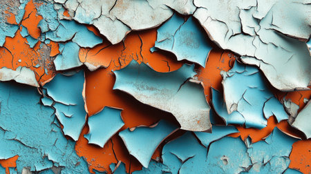 This close-up image showcases a weathered surface with peeling blue and orange paint, highlighting texture and decay for artistic or design use.の素材