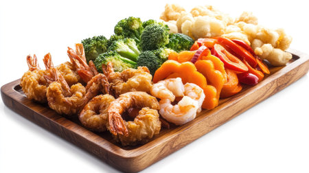 A delicious assortment of perfectly fried shrimp paired with fresh vegetables including broccoli, cauliflower, and red peppers, beautifully arranged on a wooden platter.の素材