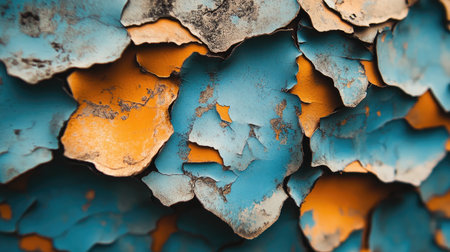 This close-up shot showcases a weathered surface with vibrant blue and orange layers. The peeling paint reveals unique textures and artistic patterns, perfect for backgrounds.の素材