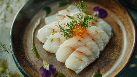 A stunning artful presentation of fresh flatfish sashimi, garnished with delicate herbs and vibrant orange roe, showcasing culinary creativity and elegance.の素材