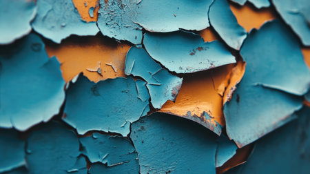 This close-up image showcases a weathered surface with intricate layers of peeling blue and orange paint, highlighting texture and abstract patterns.の素材