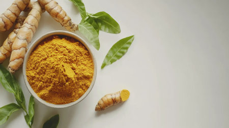 This high angle shot features vibrant turmeric powder in a bowl, surrounded by fresh turmeric roots and green leaves. Perfect for food styling and healthy cooking themes.の素材